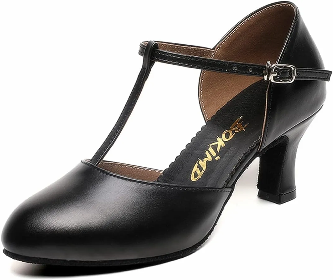 Womens T-Strap Latin Salsa Ballroom Dance Heels Black Character Shoes Prom Wedding Dress Pumps