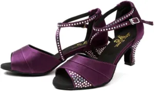 Women's Tango/Ballroom/Latin Dance Dancing Sandals Shoes, Satin Dance Shoes, with Rhinestones (Color : Purple 7.5cm, Size : 8)