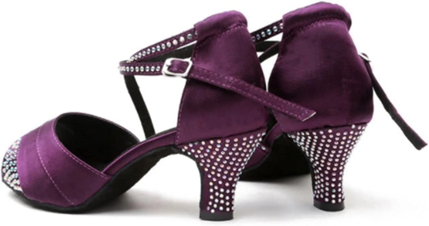 Women's Tango/Ballroom/Latin Dance Dancing Sandals Shoes, Satin Dance Shoes, with Rhinestones (Color : Purple 7.5cm, Size : 8)