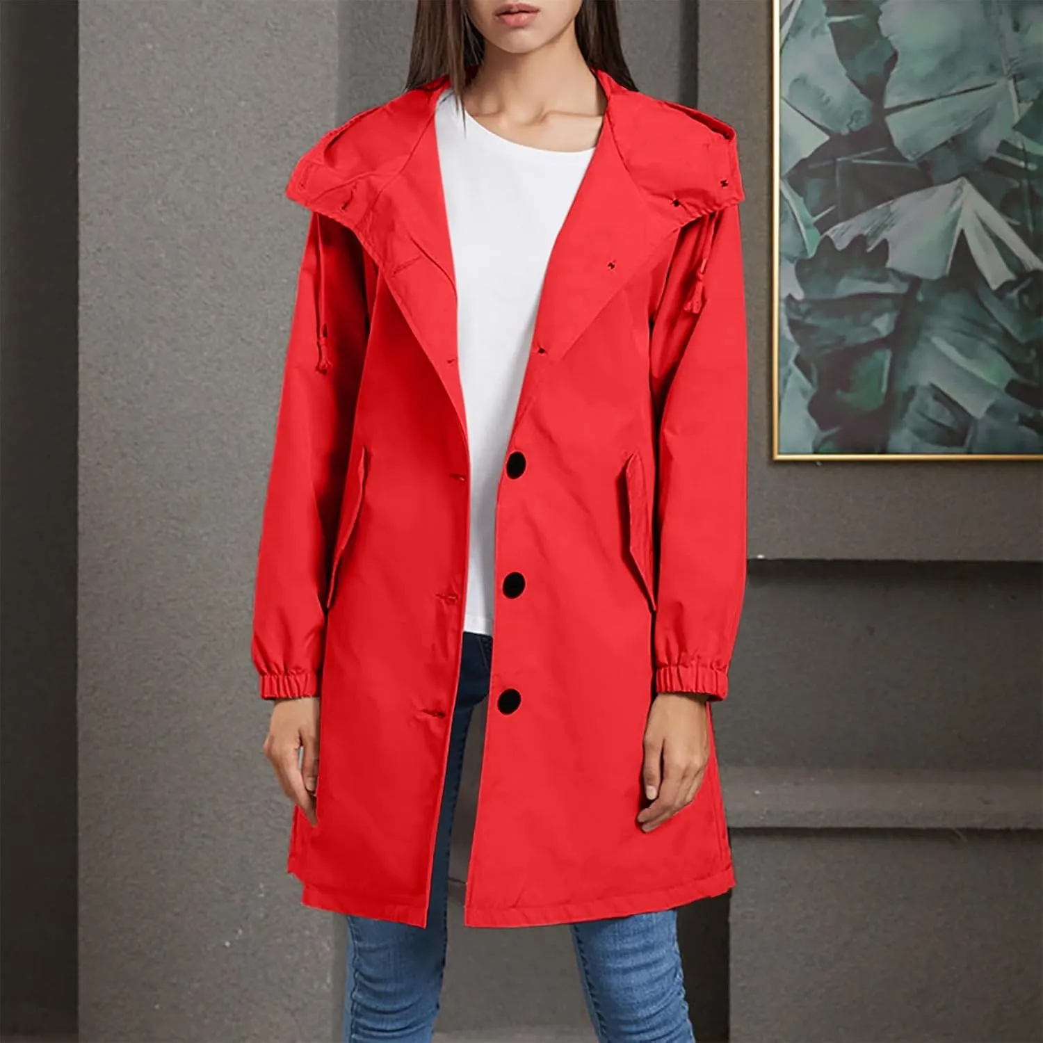Womens Waterproof Hooded Trench Coats Button down Long Sleeve Rain Jackets Lightweight Outdoor Raincoats Windbreaker