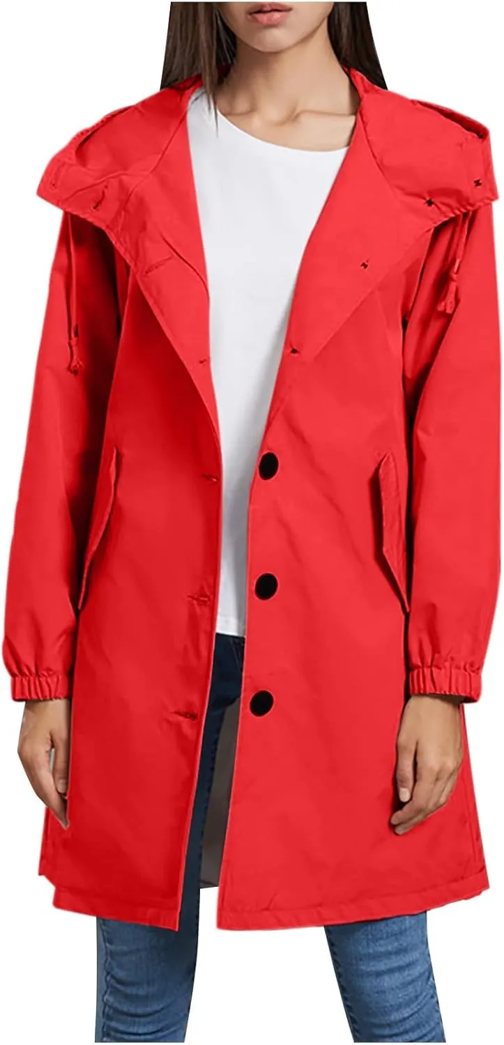 Womens Waterproof Hooded Trench Coats Button down Long Sleeve Rain Jackets Lightweight Outdoor Raincoats Windbreaker