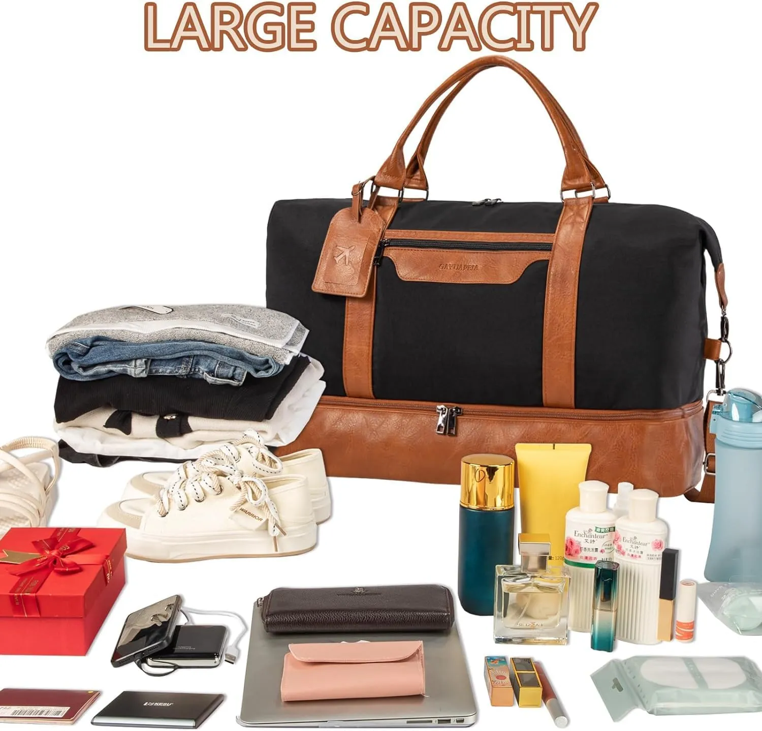 Women's Weekender bag Travel Duffel Bag with Shoe Compartment 21-inch Airline-Approved Carry-On, 2-Piece Canvas & Leather Overnight Bag Set Personal Item Luggage
