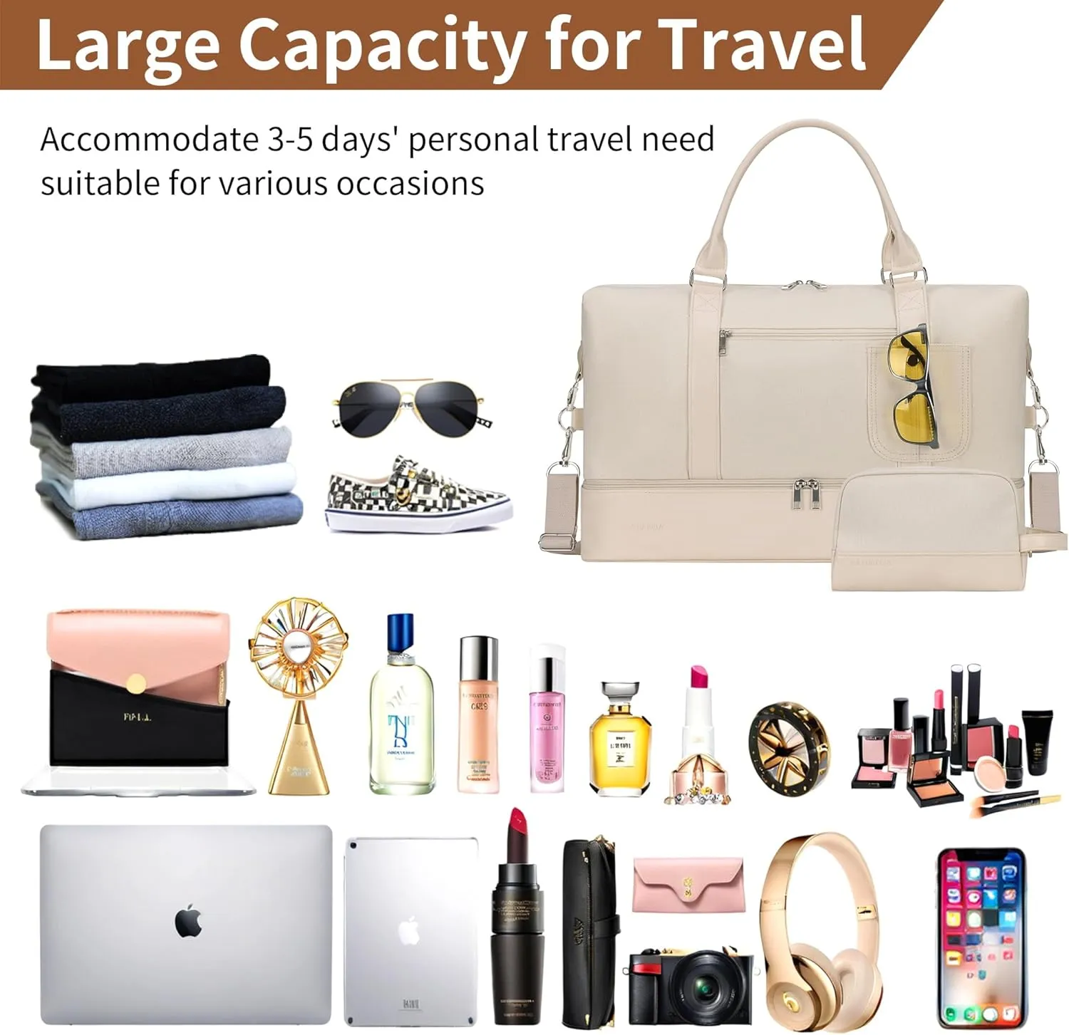 Women's Weekender bag Travel Duffel Bag with Shoe Compartment 21-inch Airline-Approved Carry-On, 2-Piece Canvas & Leather Overnight Bag Set Personal Item Luggage