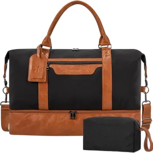 Women's Weekender bag Travel Duffel Bag with Shoe Compartment 21-inch Airline-Approved Carry-On, 2-Piece Canvas & Leather Overnight Bag Set Personal Item Luggage