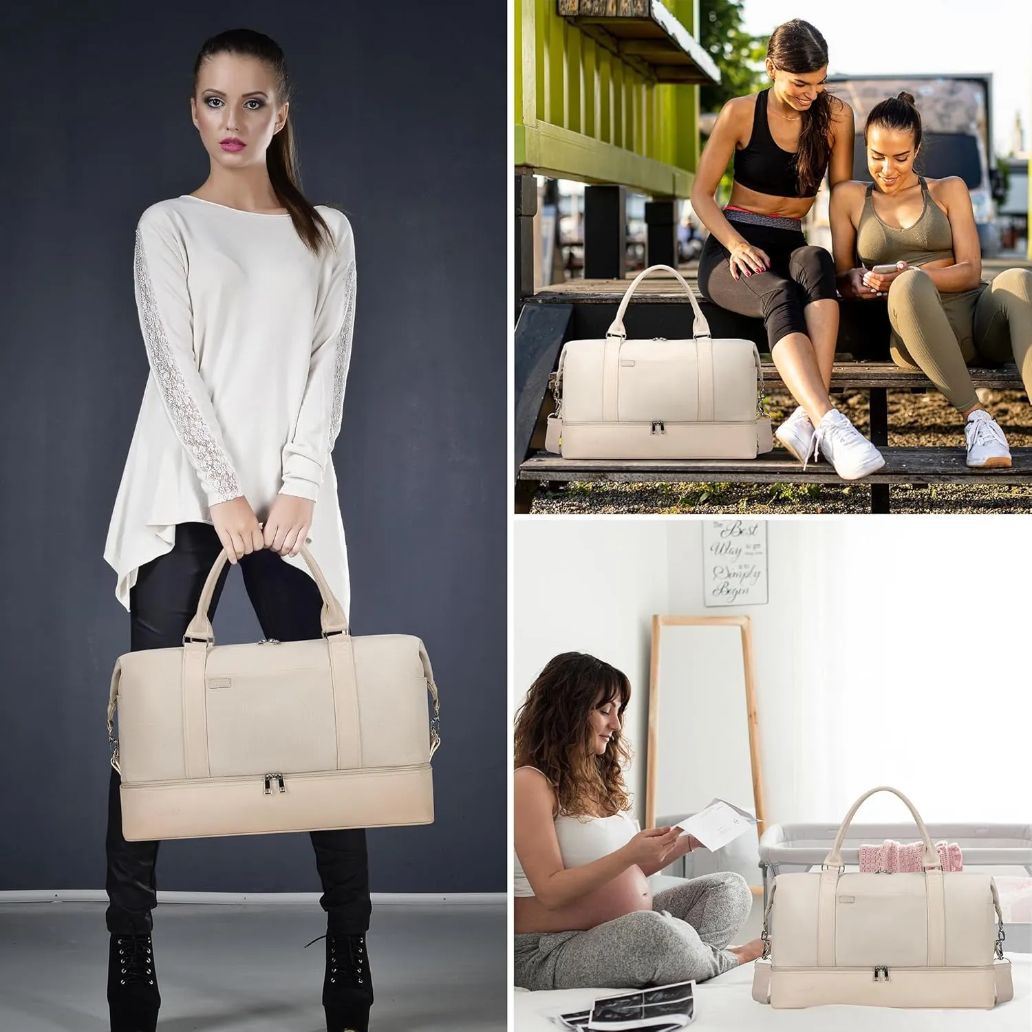Women's Weekender bag Travel Duffel Bag with Shoe Compartment 21-inch Airline-Approved Carry-On, 2-Piece Canvas & Leather Overnight Bag Set Personal Item Luggage