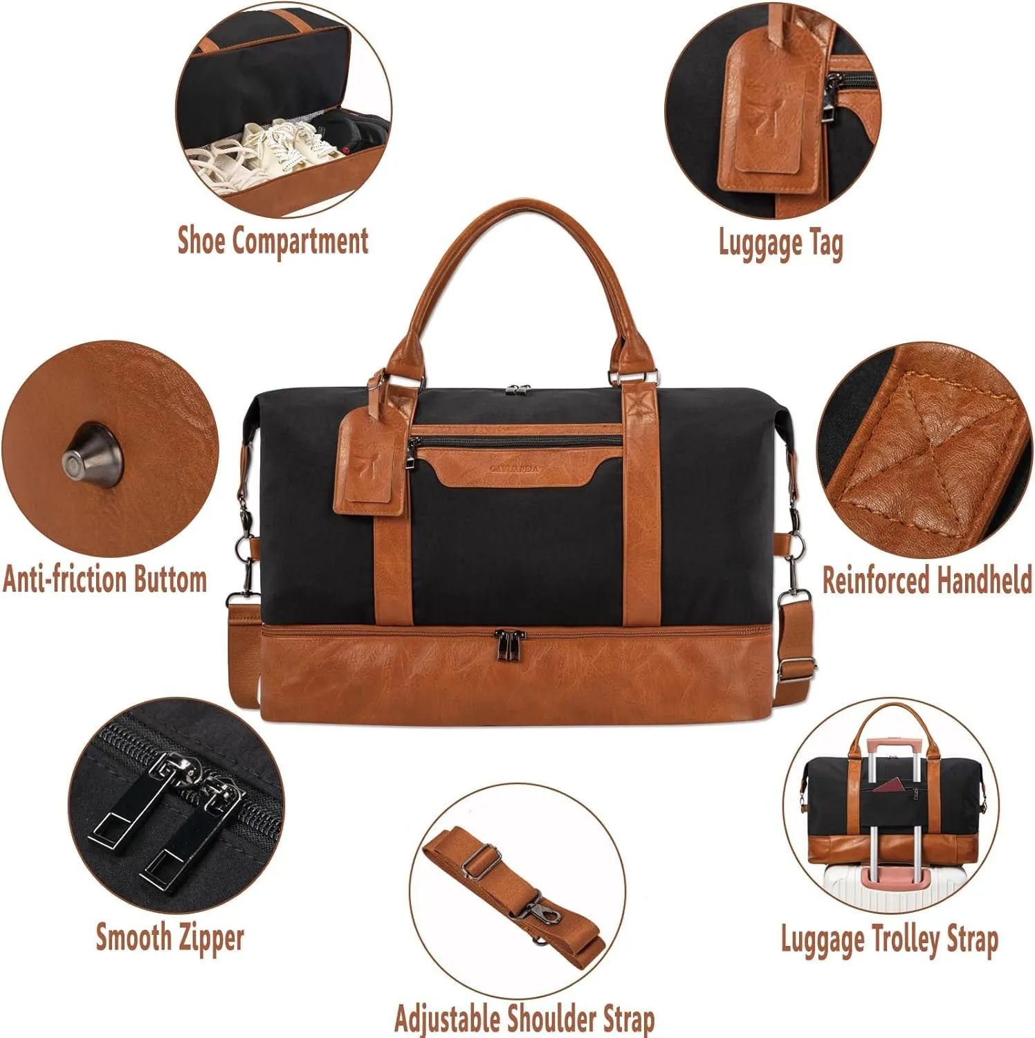 Women's Weekender bag Travel Duffel Bag with Shoe Compartment 21-inch Airline-Approved Carry-On, 2-Piece Canvas & Leather Overnight Bag Set Personal Item Luggage
