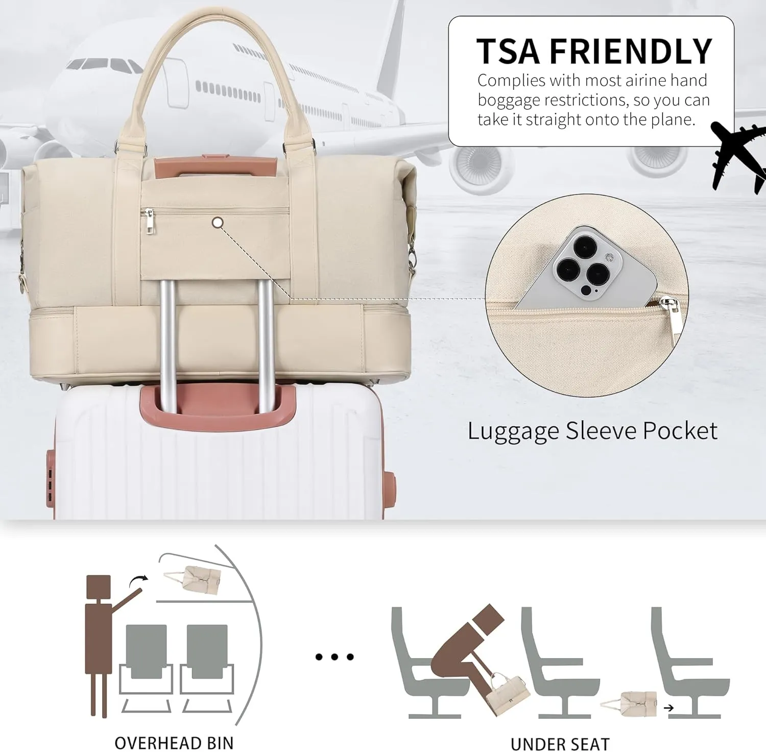 Women's Weekender bag Travel Duffel Bag with Shoe Compartment 21-inch Airline-Approved Carry-On, 2-Piece Canvas & Leather Overnight Bag Set Personal Item Luggage