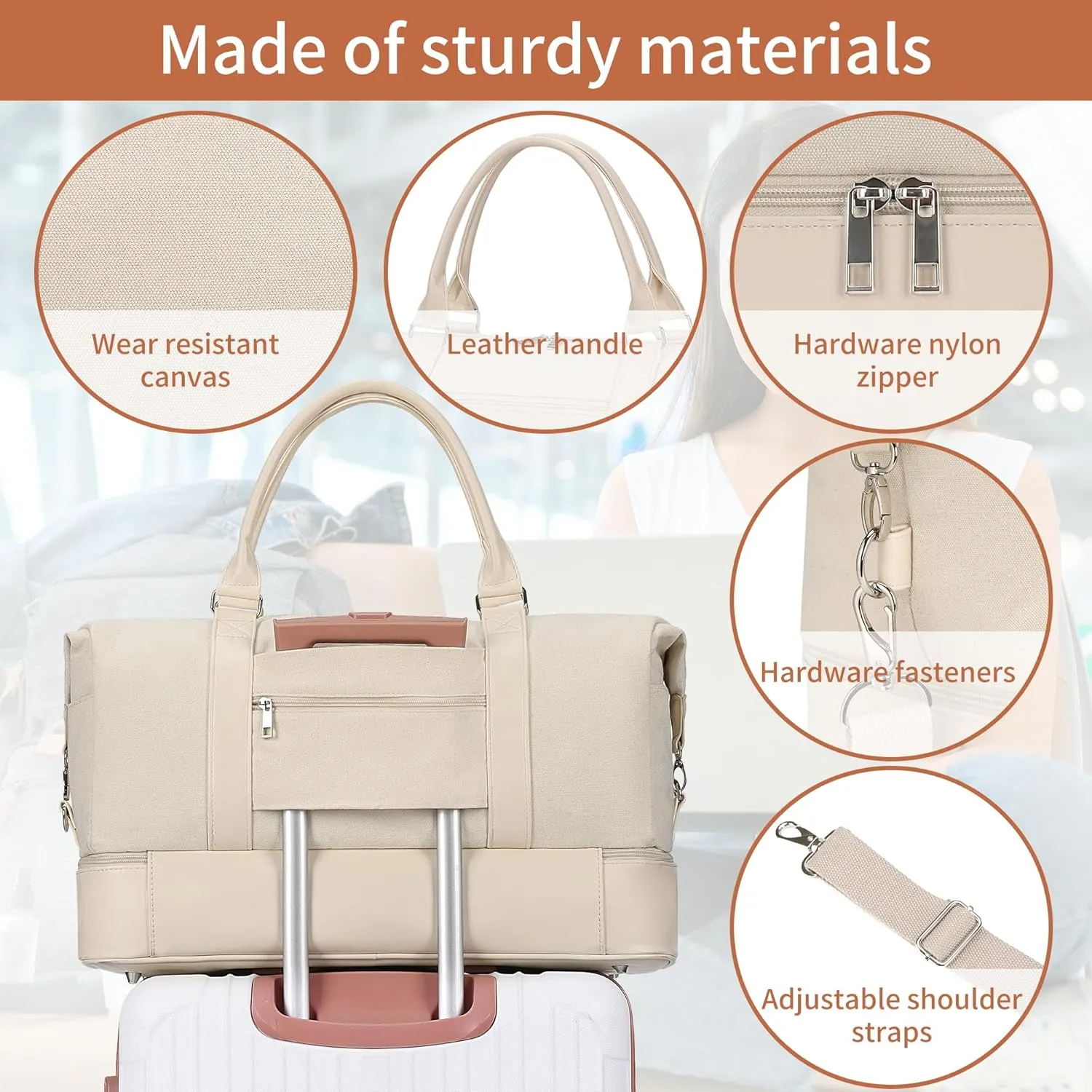 Women's Weekender bag Travel Duffel Bag with Shoe Compartment 21-inch Airline-Approved Carry-On, 2-Piece Canvas & Leather Overnight Bag Set Personal Item Luggage