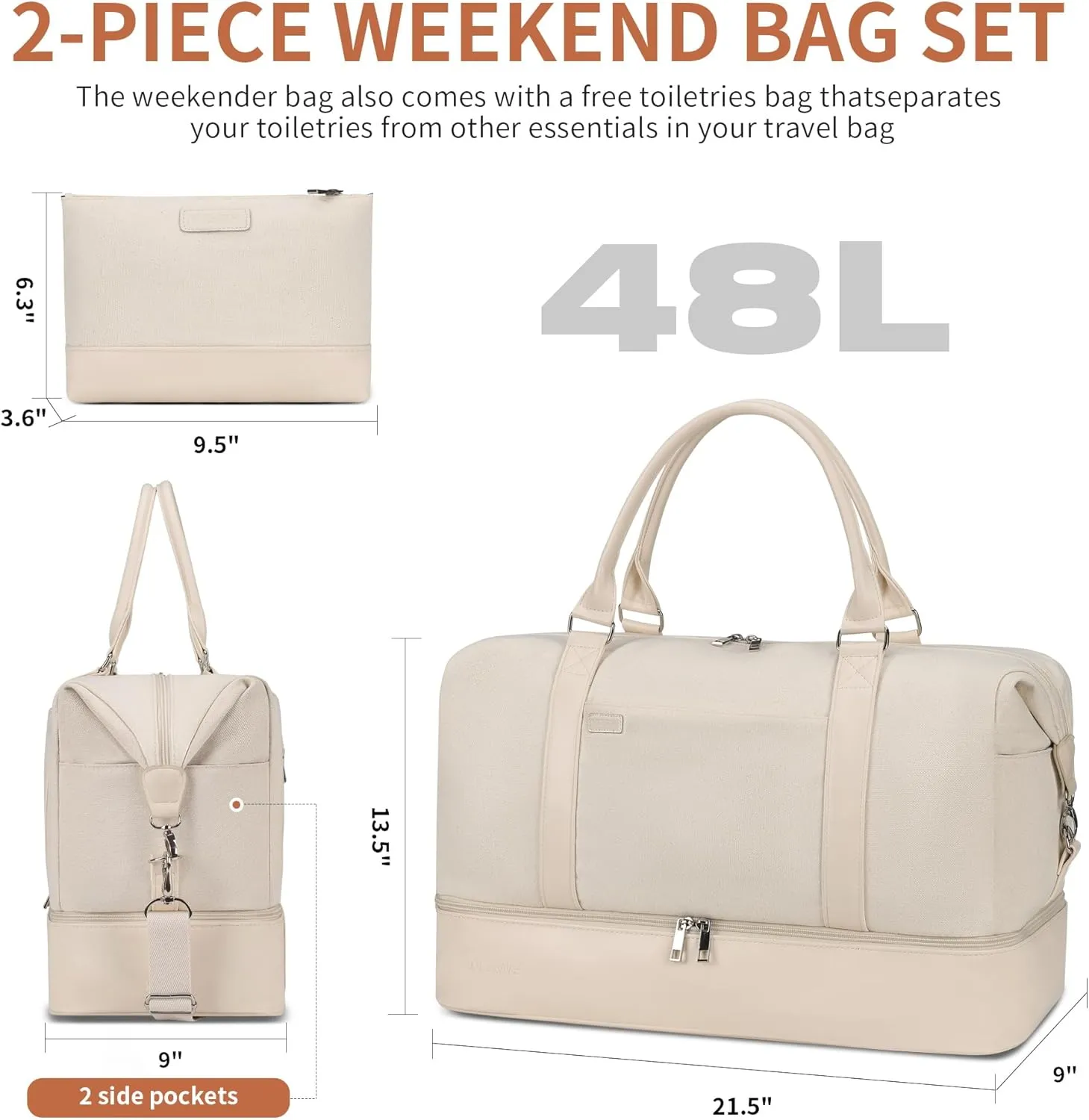 Women's Weekender bag Travel Duffel Bag with Shoe Compartment 21-inch Airline-Approved Carry-On, 2-Piece Canvas & Leather Overnight Bag Set Personal Item Luggage