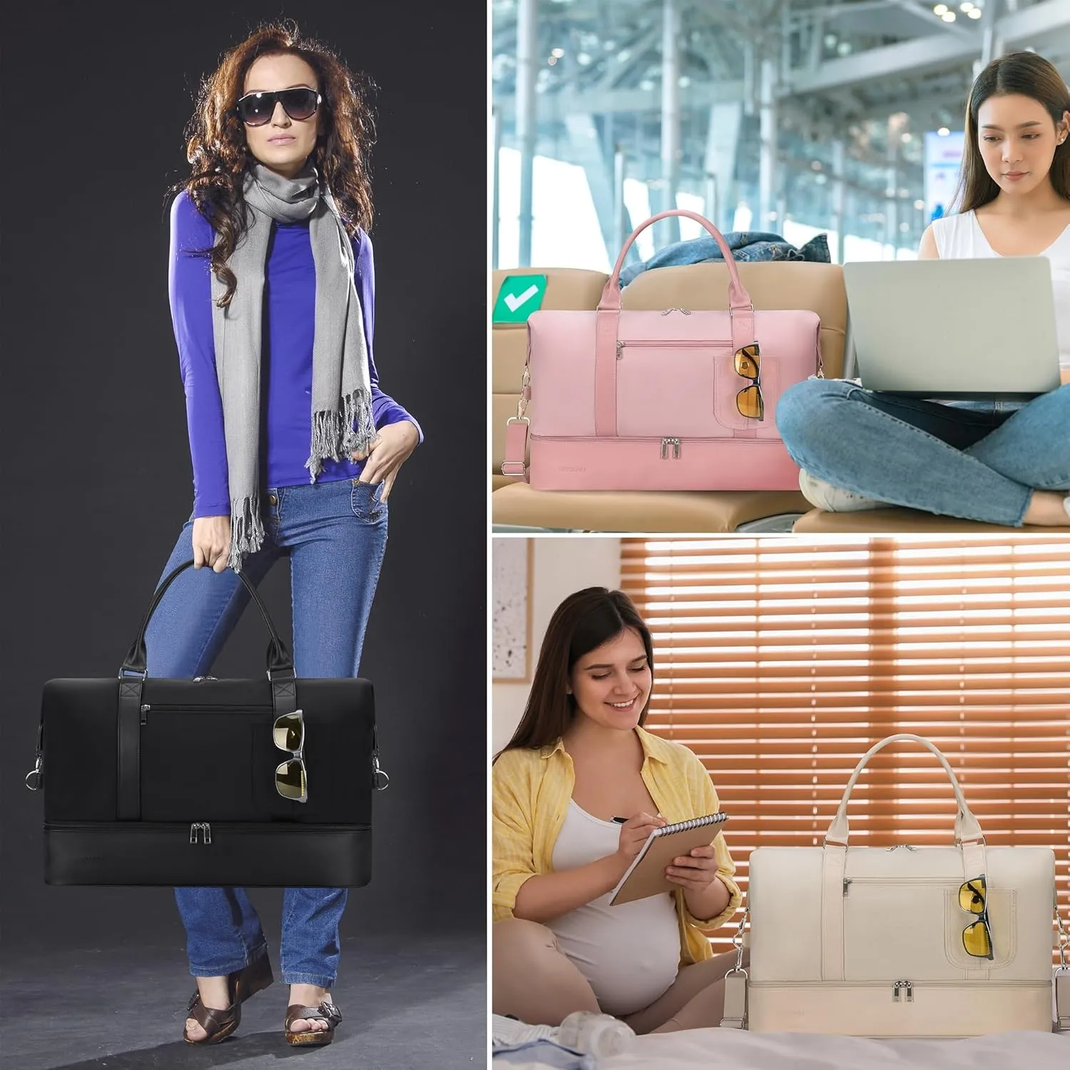 Women's Weekender bag Travel Duffel Bag with Shoe Compartment 21-inch Airline-Approved Carry-On, 2-Piece Canvas & Leather Overnight Bag Set Personal Item Luggage