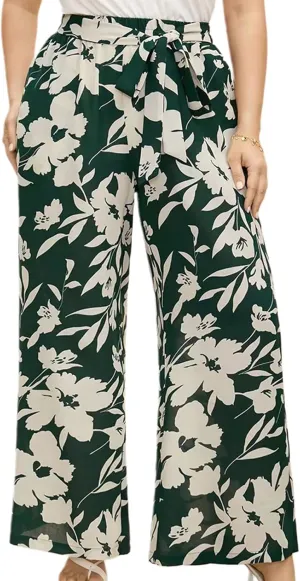 Women's Wide Leg Pants Elastic High Waist Floral Print Pants Plus Size Trousers with Pockets
