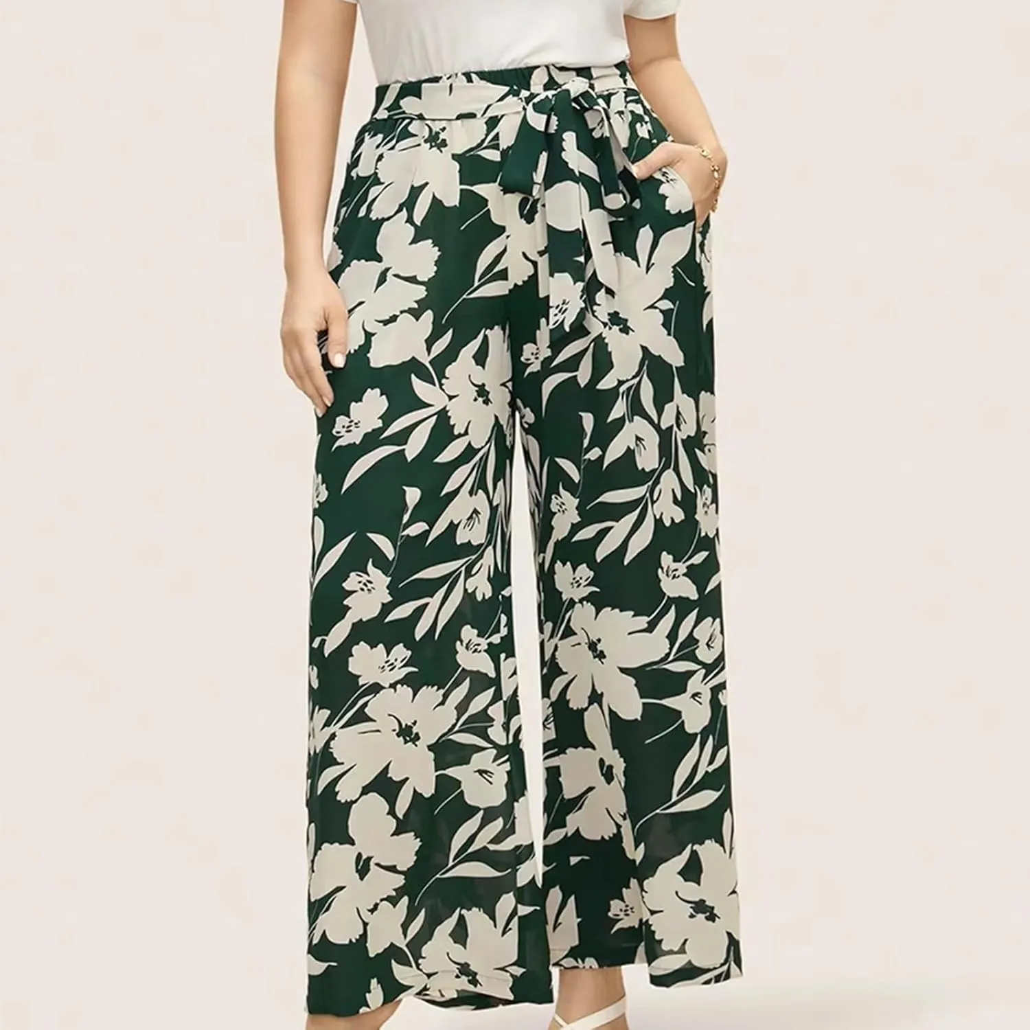 Women's Wide Leg Pants Elastic High Waist Floral Print Pants Plus Size Trousers with Pockets