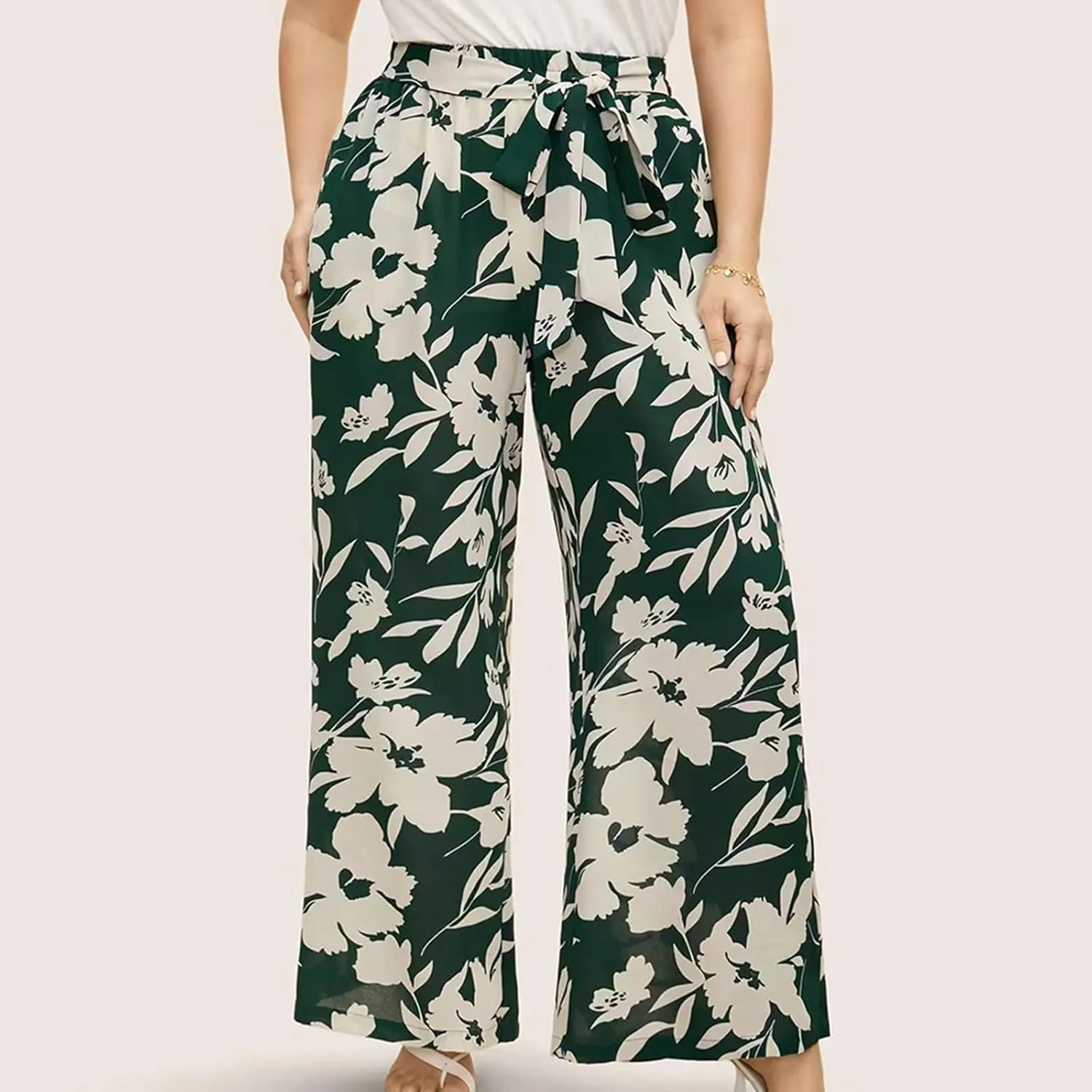 Women's Wide Leg Pants Elastic High Waist Floral Print Pants Plus Size Trousers with Pockets