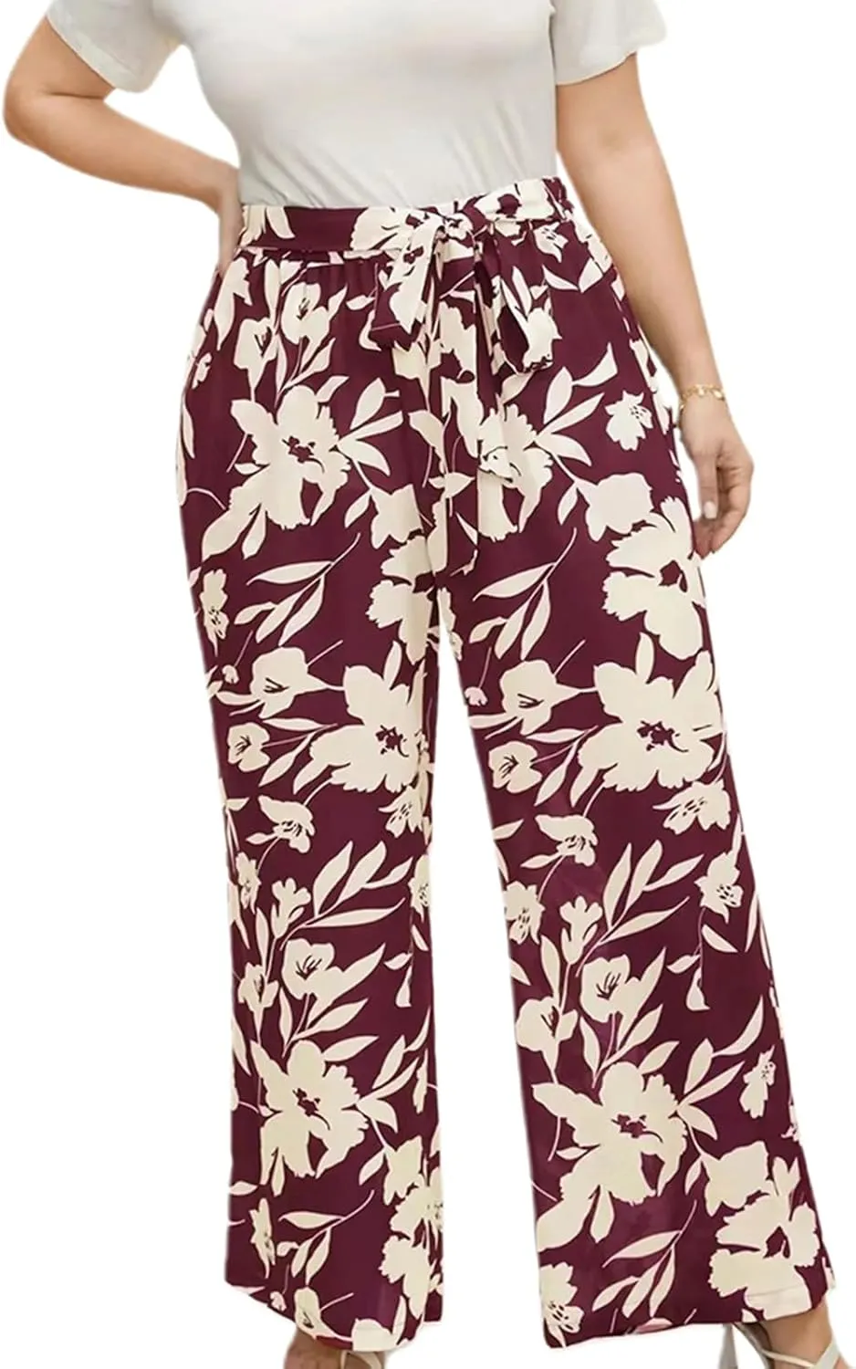 Women's Wide Leg Pants Elastic High Waist Floral Print Pants Plus Size Trousers with Pockets
