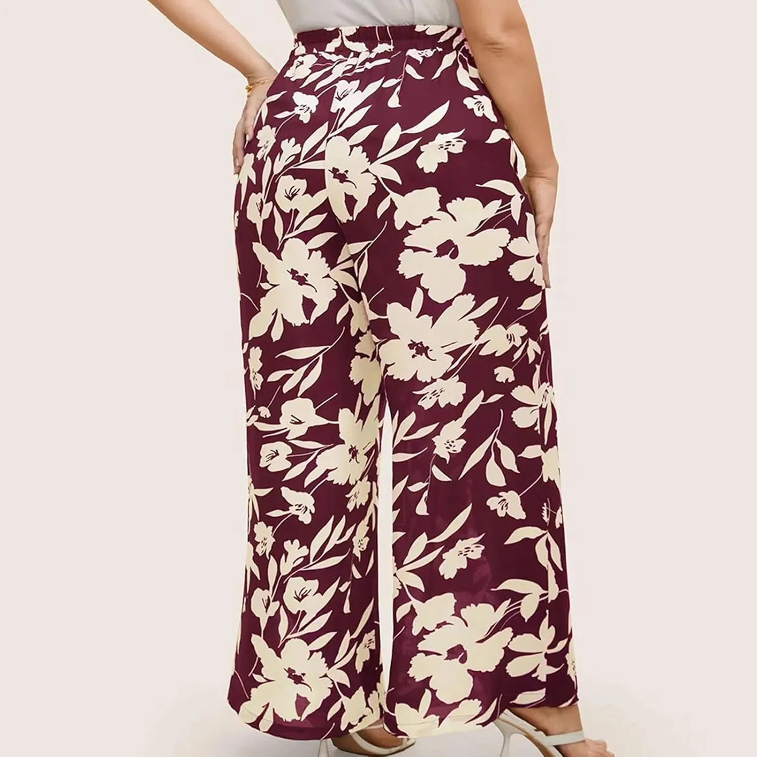 Women's Wide Leg Pants Elastic High Waist Floral Print Pants Plus Size Trousers with Pockets