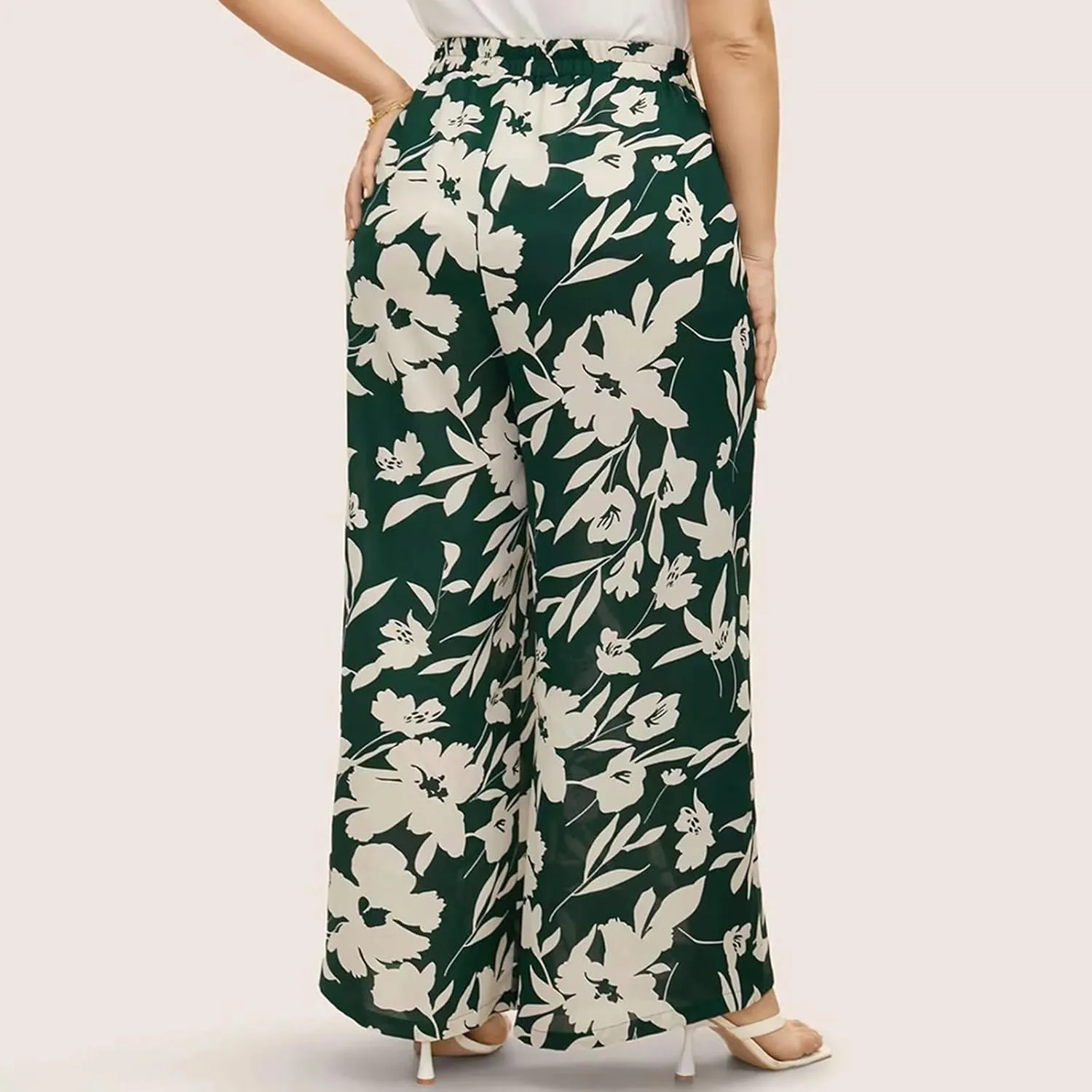 Women's Wide Leg Pants Elastic High Waist Floral Print Pants Plus Size Trousers with Pockets