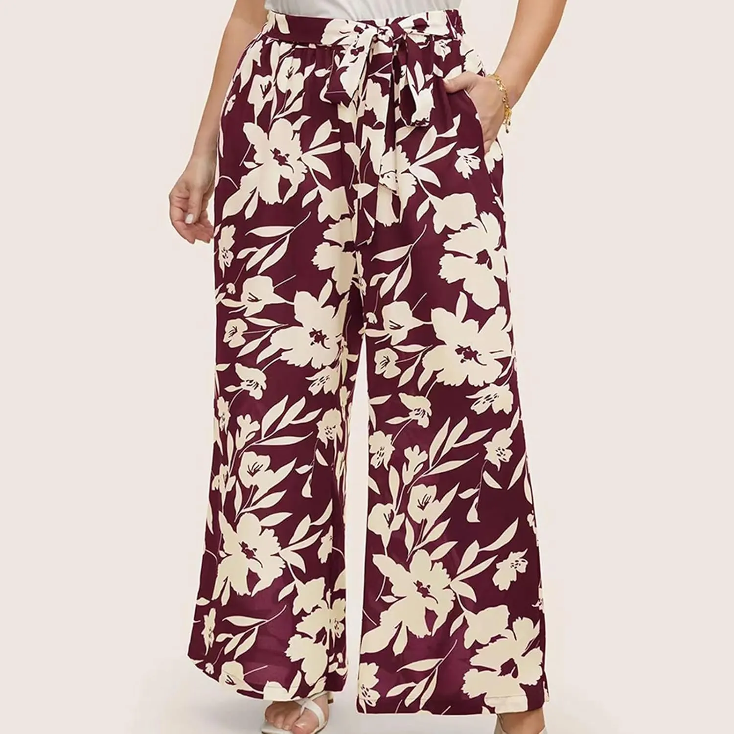 Women's Wide Leg Pants Elastic High Waist Floral Print Pants Plus Size Trousers with Pockets