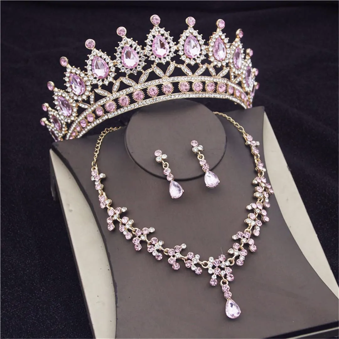 Wvapzxx Violet Crystal Bridal Jewelry Sets Tiaras Earrings Necklaces Set For Women Wedding Party Crown Necklaces Earring Set
