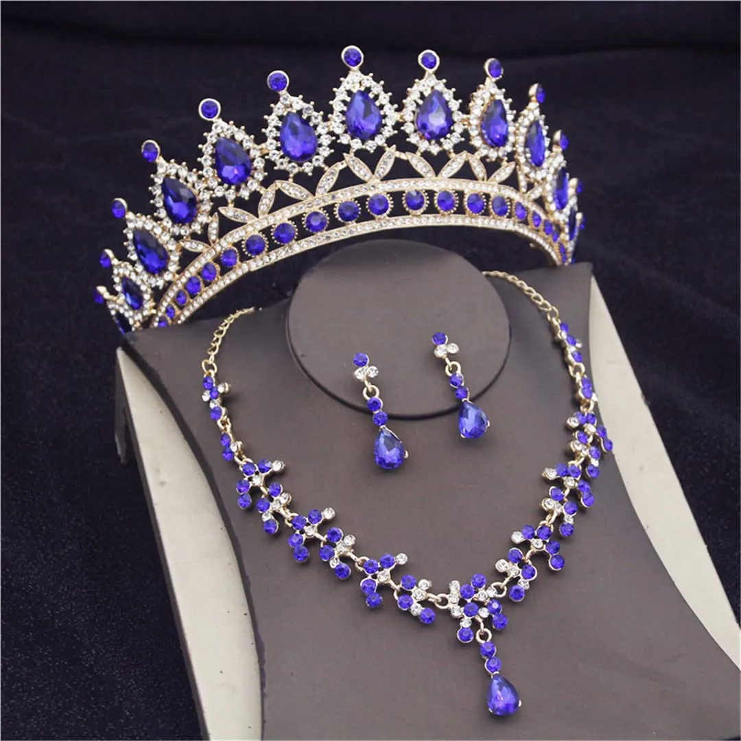 Wvapzxx Violet Crystal Bridal Jewelry Sets Tiaras Earrings Necklaces Set For Women Wedding Party Crown Necklaces Earring Set