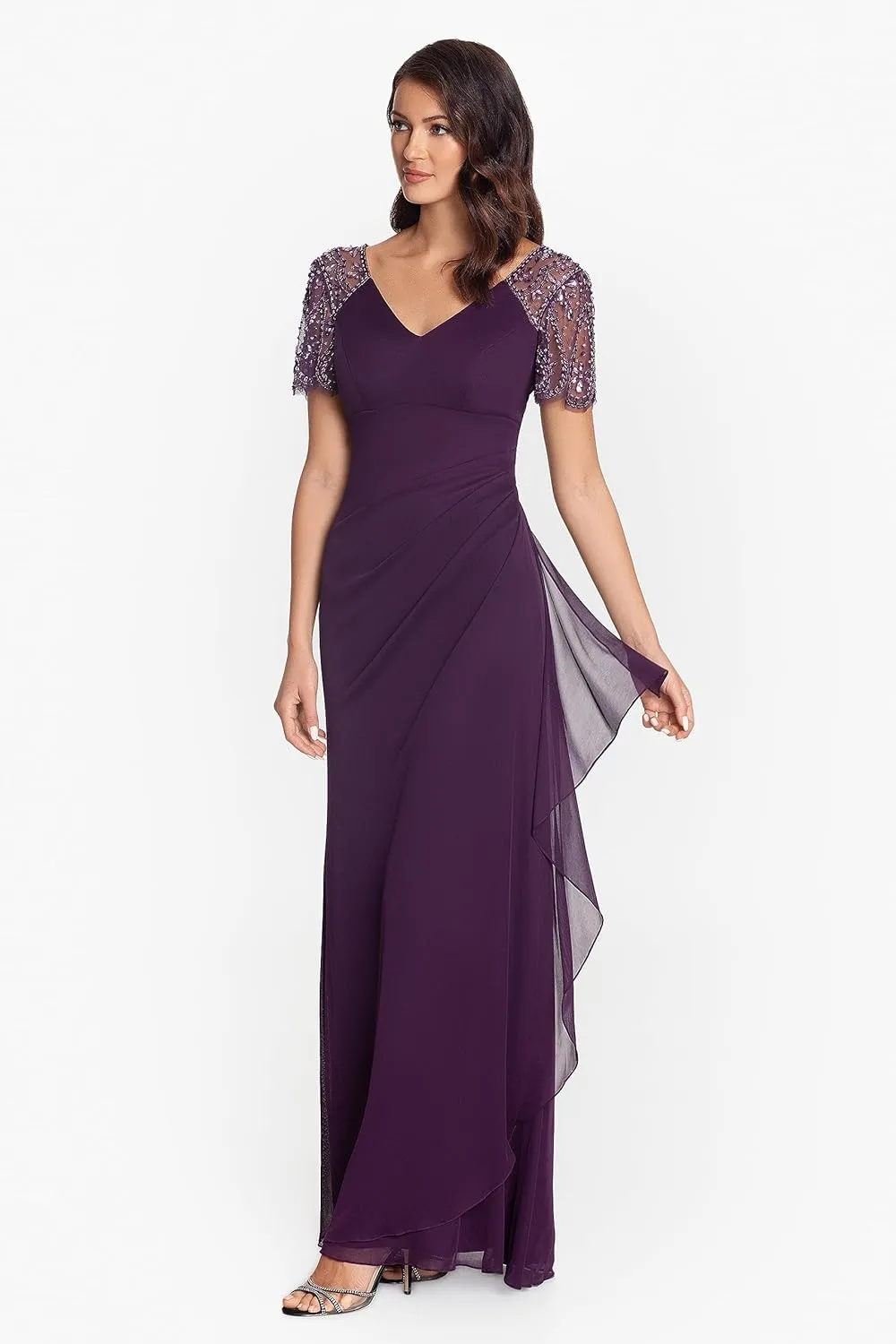 Xscape Female Long Sheer Matte Jersey Beaded Flutter Sleeve