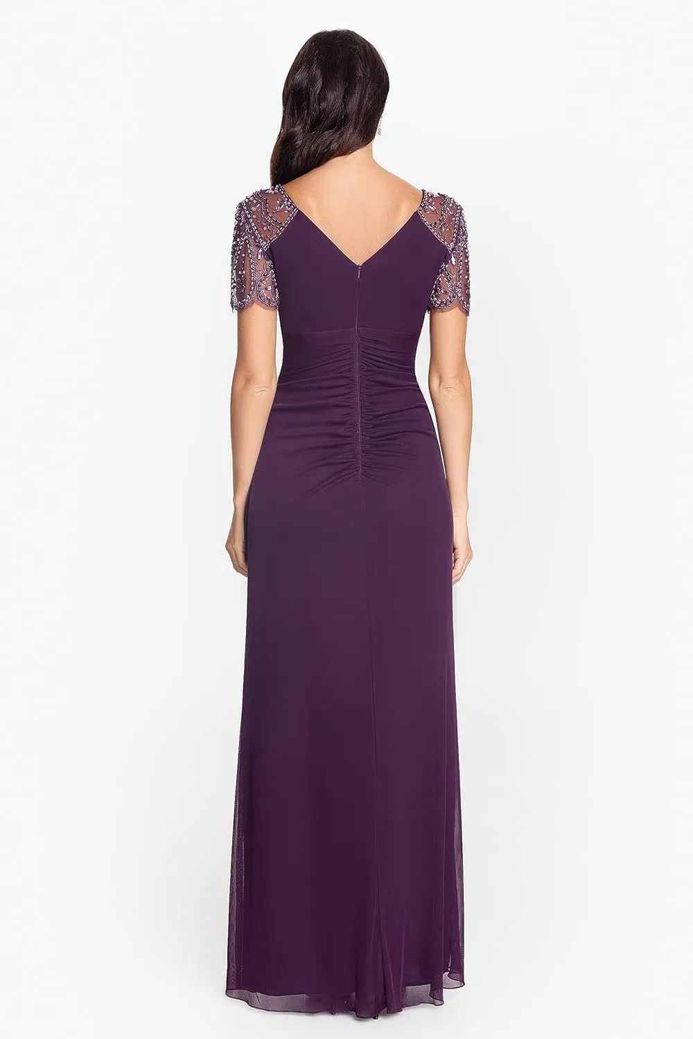 Xscape Female Long Sheer Matte Jersey Beaded Flutter Sleeve