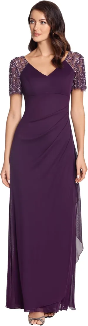 Xscape Female Long Sheer Matte Jersey Beaded Flutter Sleeve