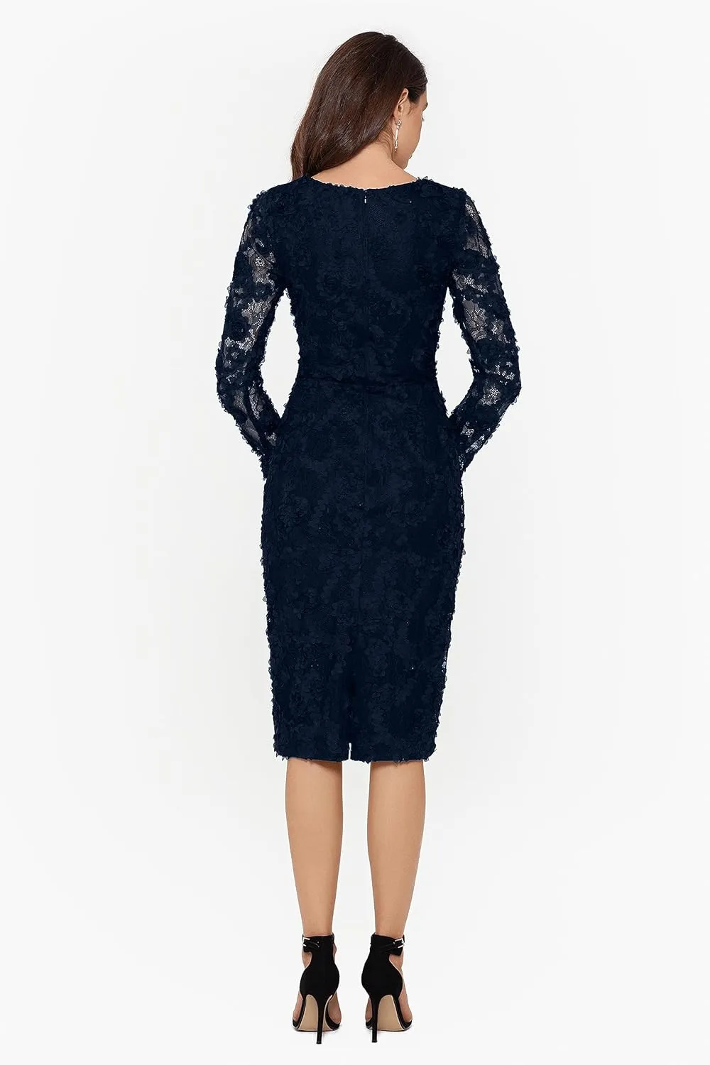 Xscape Women's Long Sleeve Raised Floral Lace Midi Length Dress