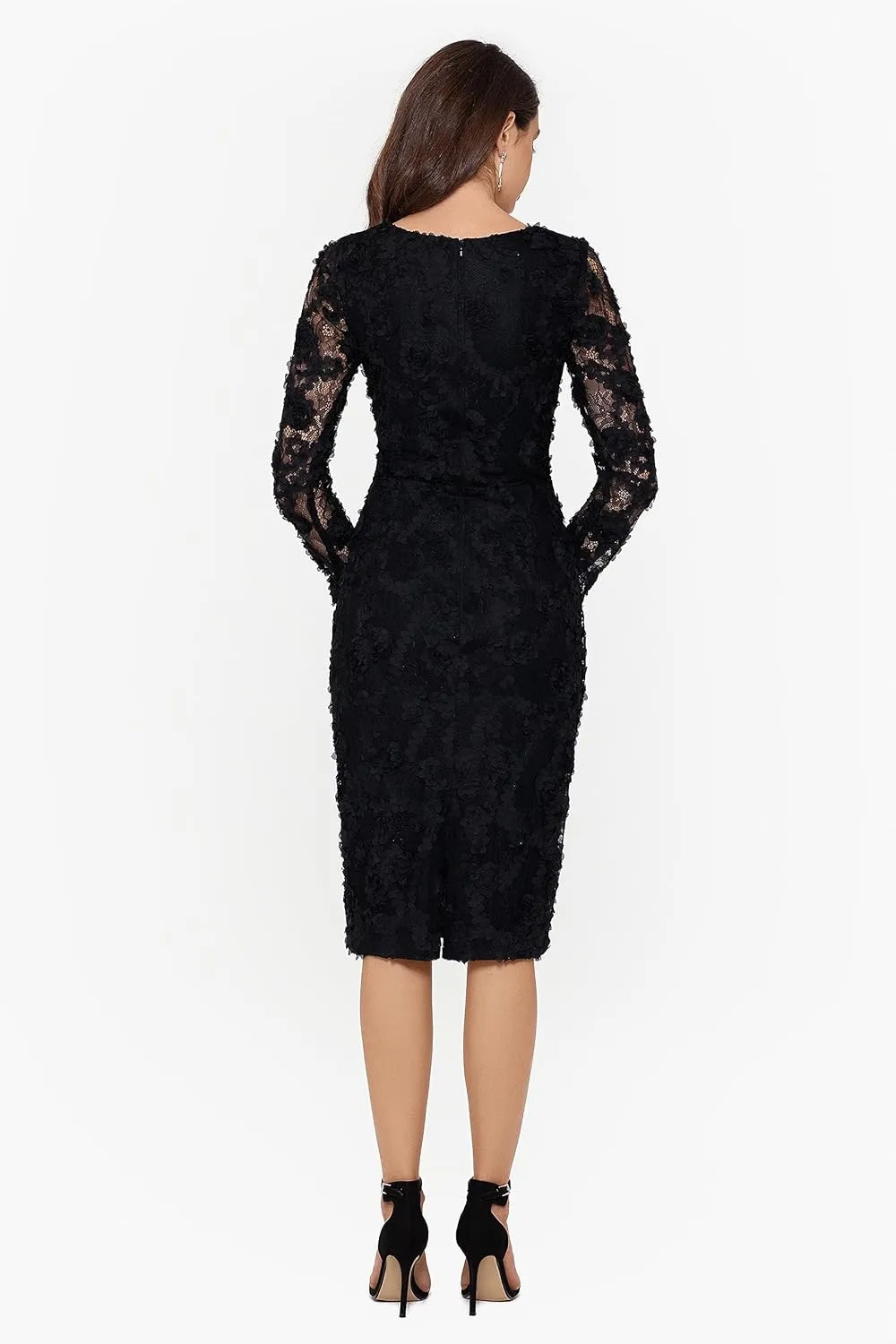 Xscape Women's Long Sleeve Raised Floral Lace Midi Length Dress