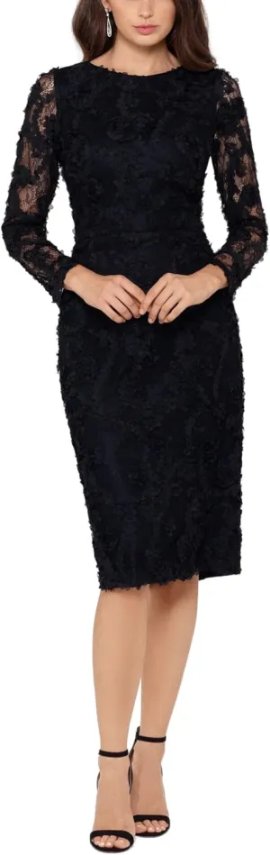 Xscape Women's Long Sleeve Raised Floral Lace Midi Length Dress