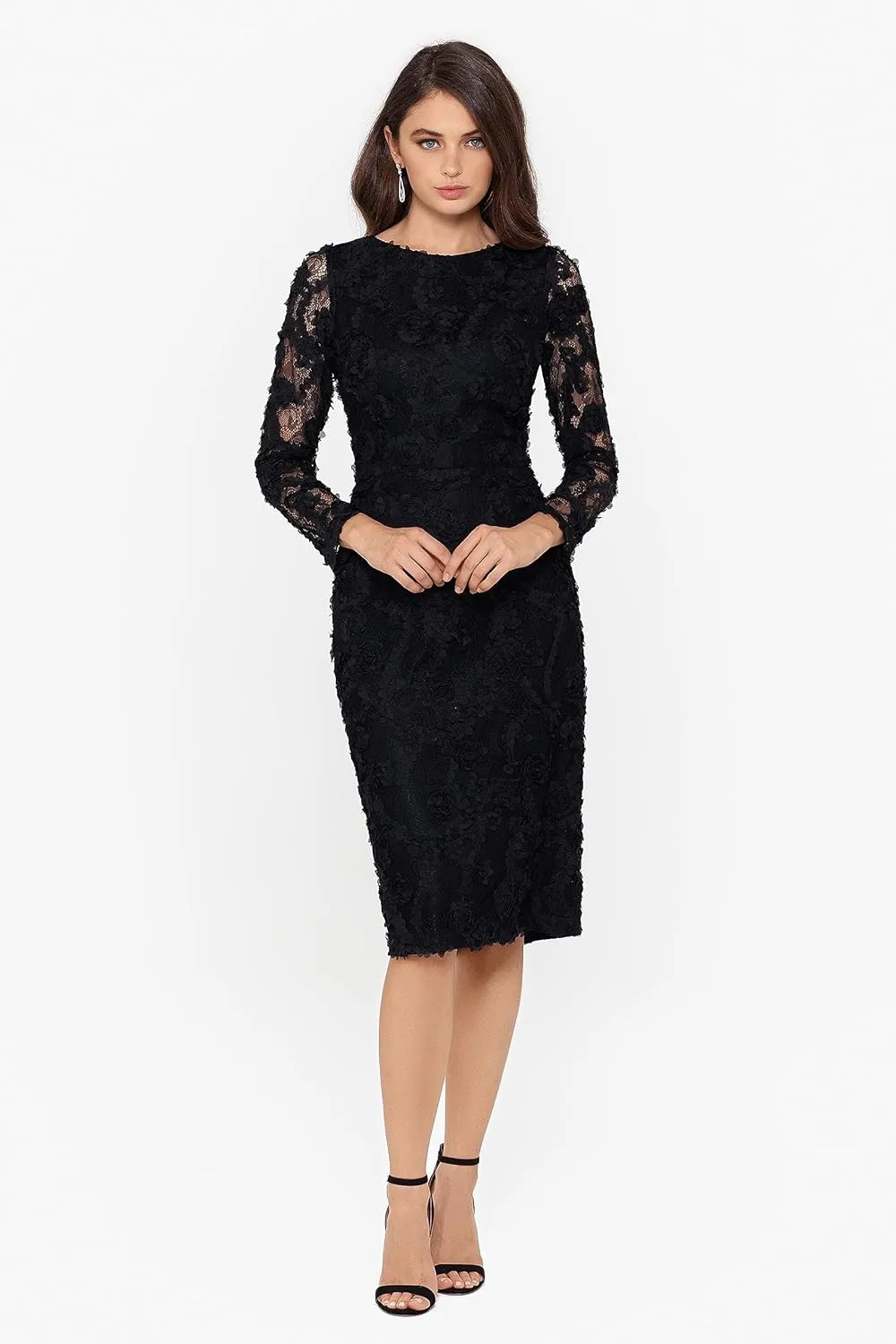 Xscape Women's Long Sleeve Raised Floral Lace Midi Length Dress