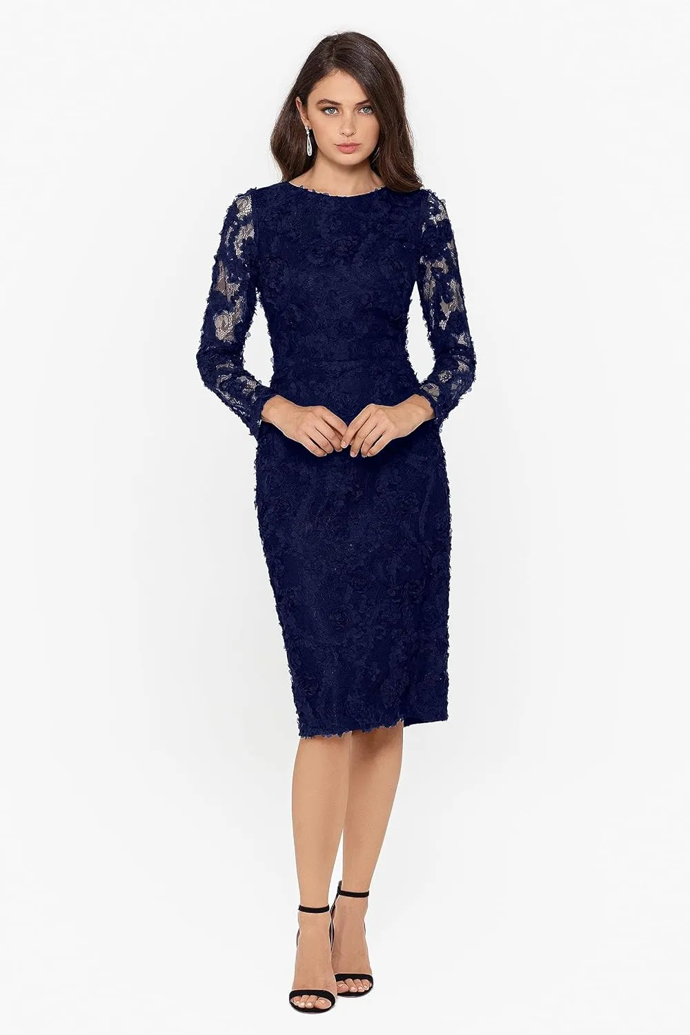 Xscape Women's Long Sleeve Raised Floral Lace Midi Length Dress