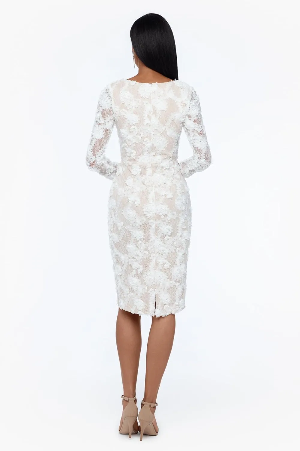 Xscape Women's Long Sleeve Raised Floral Lace Midi Length Dress