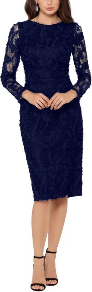 Xscape Women's Long Sleeve Raised Floral Lace Midi Length Dress
