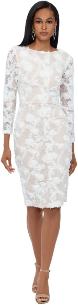 Xscape Women's Long Sleeve Raised Floral Lace Midi Length Dress