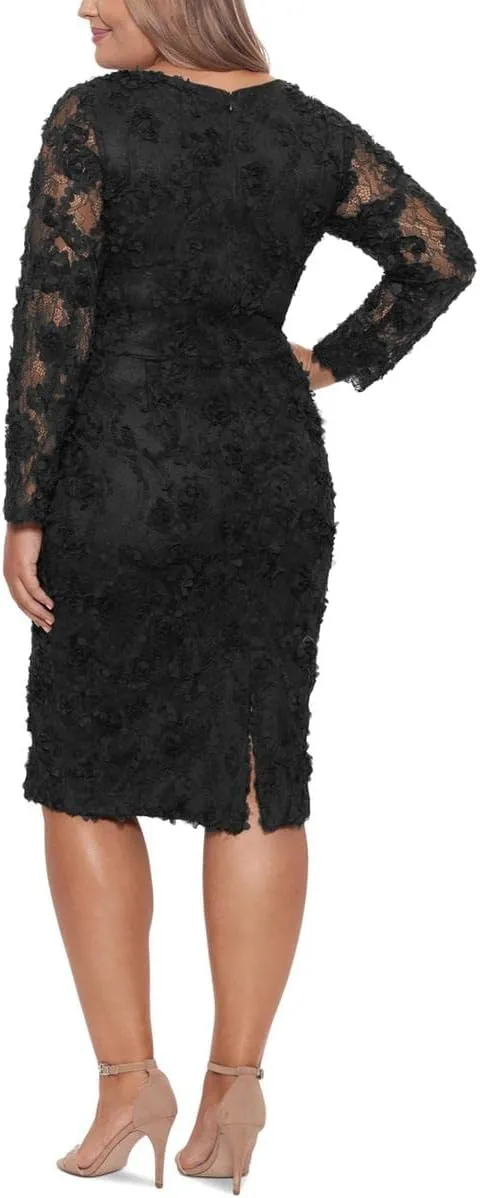 Xscape Women's Plus Size Midi Long Sleeve Raised Floral Lace Dress