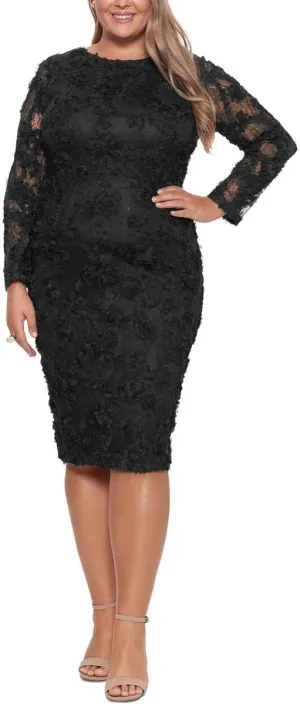Xscape Women's Plus Size Midi Long Sleeve Raised Floral Lace Dress