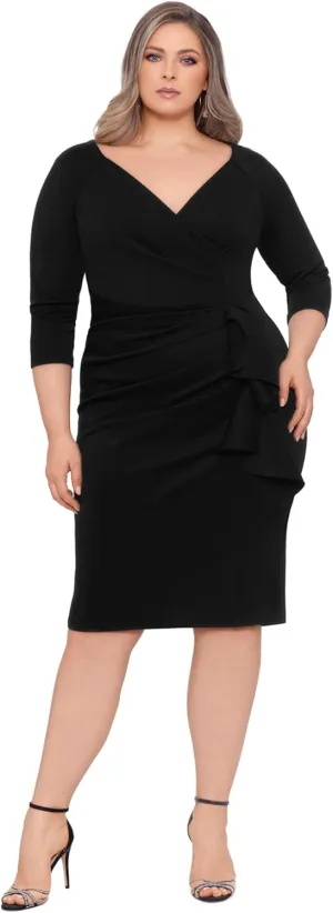 Xscape Women's Plus Size Midi V-Neck 3/4 Sleeve Side Ruched Dress