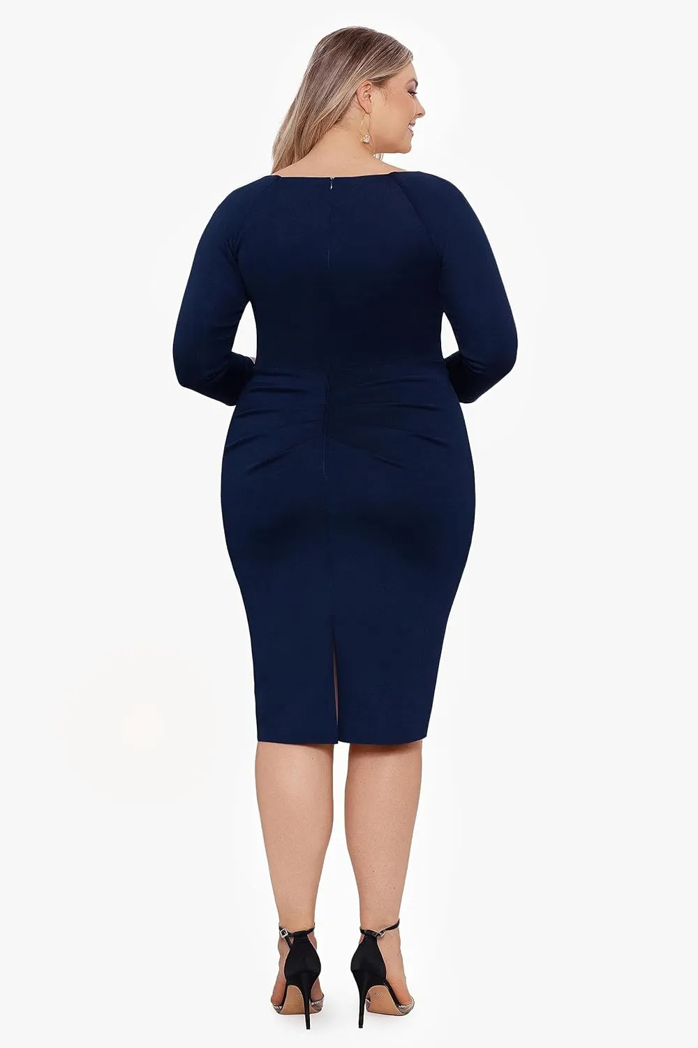 Xscape Women's Plus Size Midi V-Neck 3/4 Sleeve Side Ruched Dress