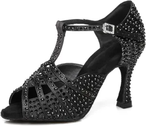 YKXLM Rhinestones Ballroom Dance Shoes Women Latin Salsa Dance Shoes T-Strap,Model L431