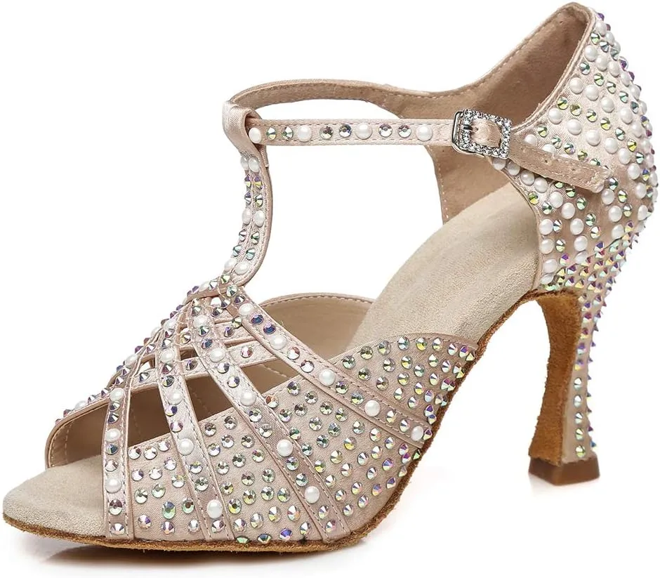 YKXLM Rhinestones Ballroom Dance Shoes Women Latin Salsa Dance Shoes T-Strap,Model L431