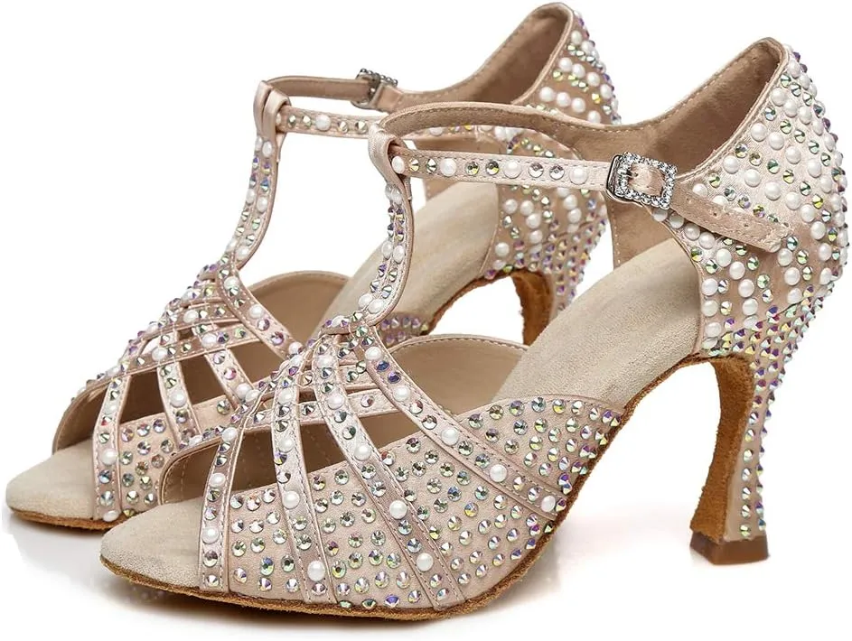 YKXLM Rhinestones Ballroom Dance Shoes Women Latin Salsa Dance Shoes T-Strap,Model L431