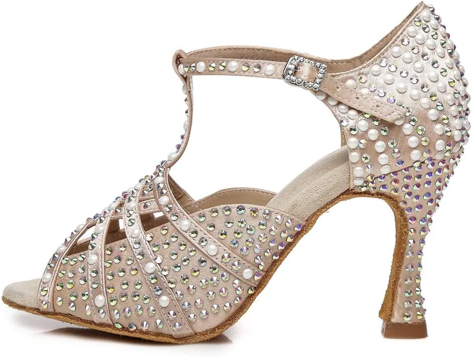 YKXLM Rhinestones Ballroom Dance Shoes Women Latin Salsa Dance Shoes T-Strap,Model L431