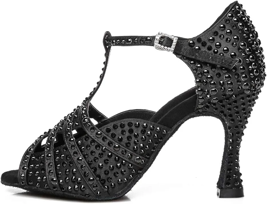 YKXLM Rhinestones Ballroom Dance Shoes Women Latin Salsa Dance Shoes T-Strap,Model L431
