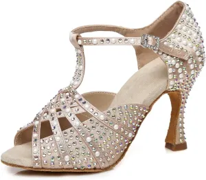 YKXLM Rhinestones Ballroom Dance Shoes Women Latin Salsa Dance Shoes T-Strap,Model L431