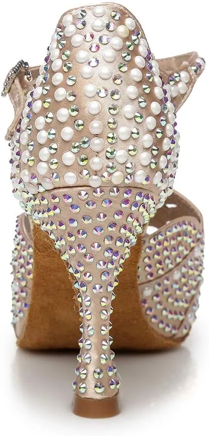 YKXLM Rhinestones Ballroom Dance Shoes Women Latin Salsa Dance Shoes T-Strap,Model L431