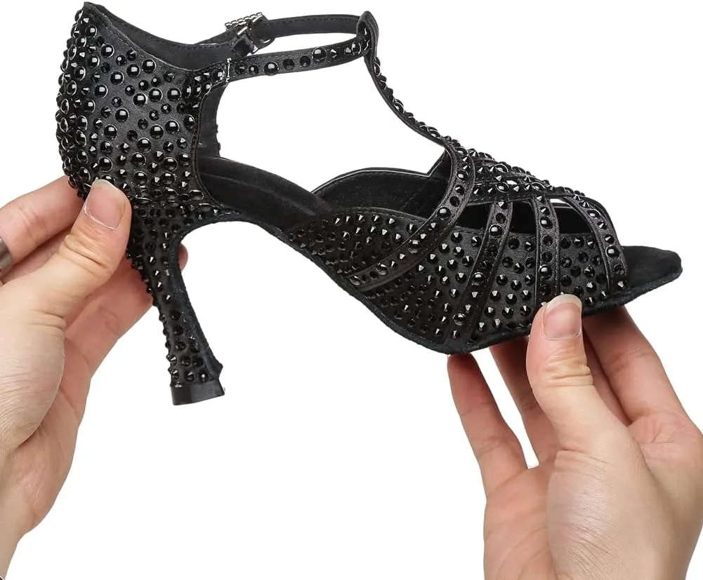 YKXLM Rhinestones Ballroom Dance Shoes Women Latin Salsa Dance Shoes T-Strap,Model L431