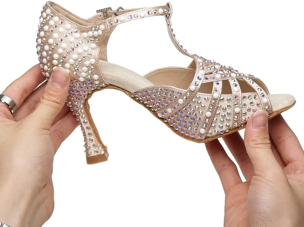 YKXLM Rhinestones Ballroom Dance Shoes Women Latin Salsa Dance Shoes T-Strap,Model L431