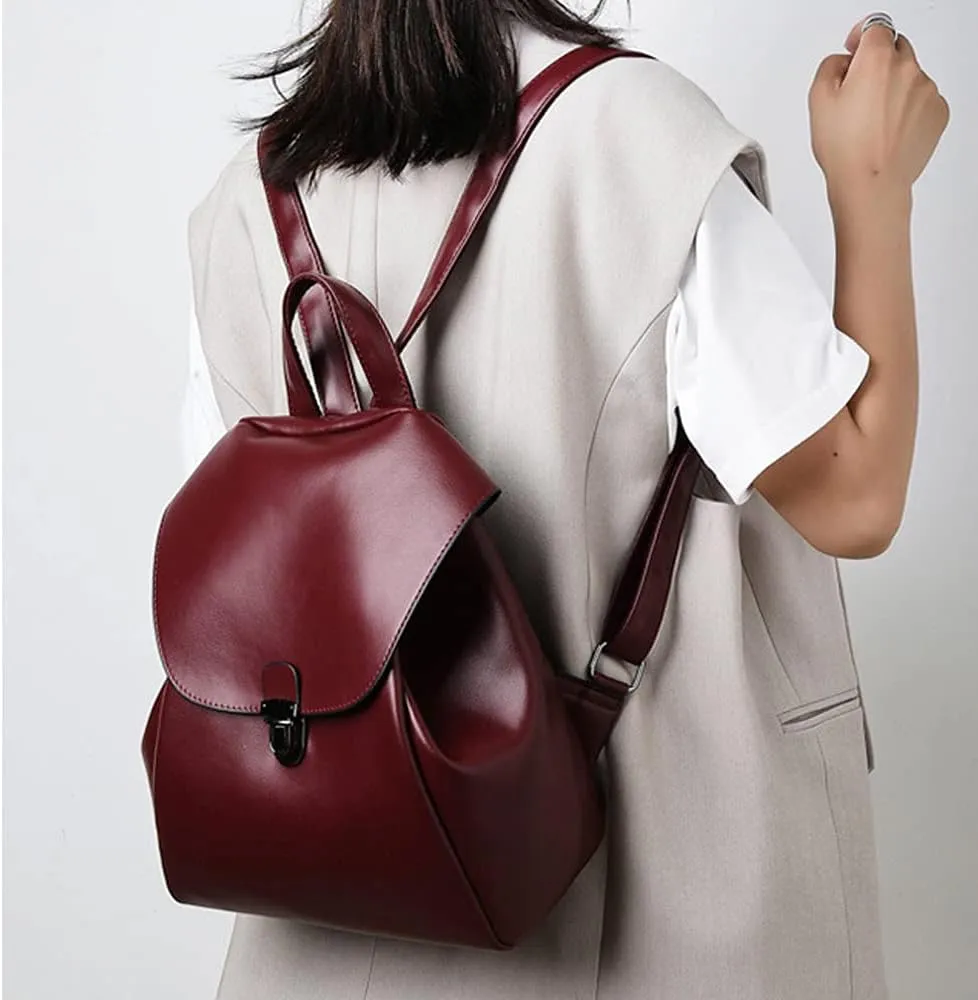 ZiMing Backpacks for Women Flap Backpacks Faux Leather Satchel Bag Snap Lock Shoulder Bags Purse Casual Ladies Daypack Purse-Red